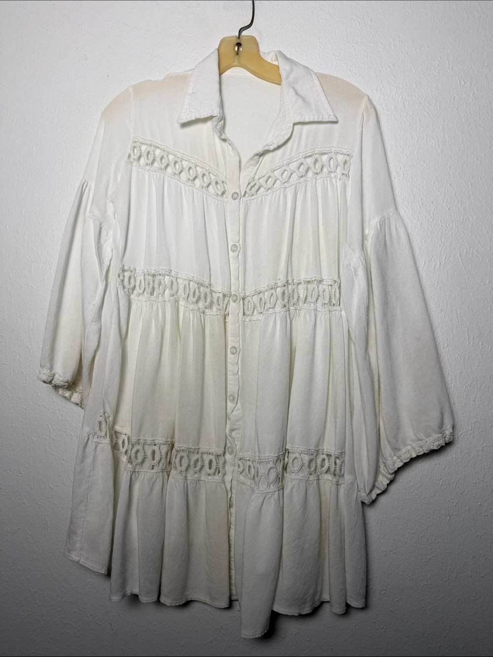 Women's Cream Button-Front Lace-Trim Peasant Top